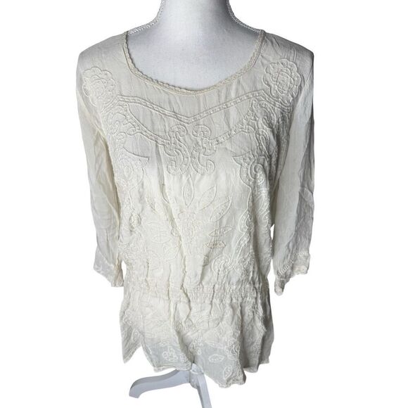 Johnny Was Off White Embroidered Lace Tunic Blouse Size S Fairy Whimsy - Picture 1 of 5